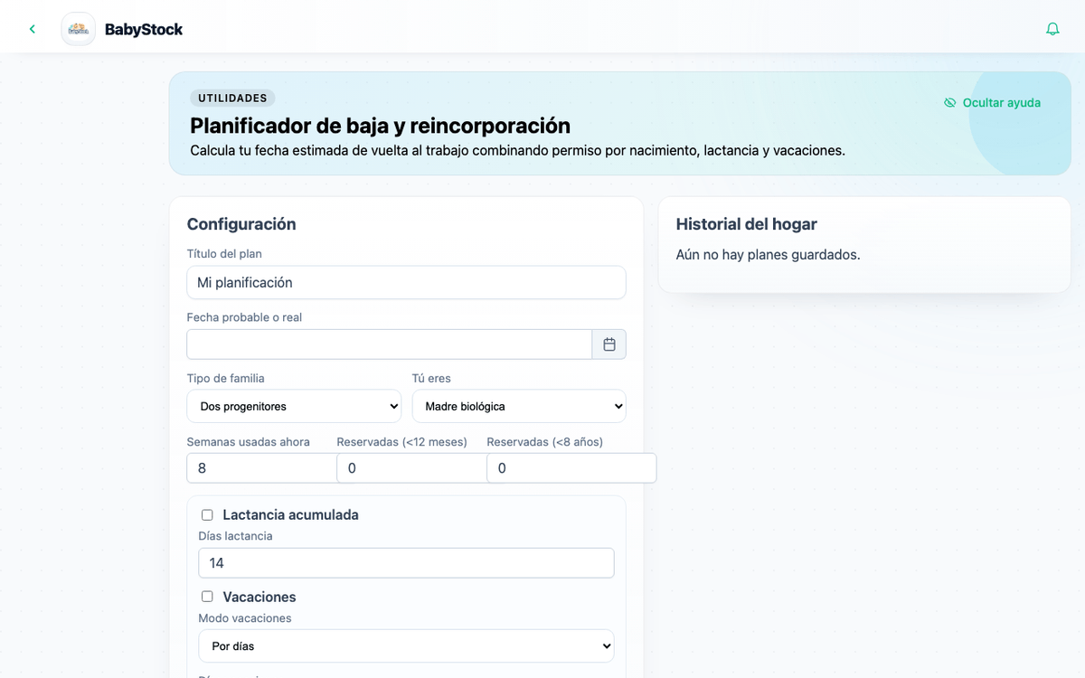 Captura del planificador privado de baja y reincorporacion de BabyStock.