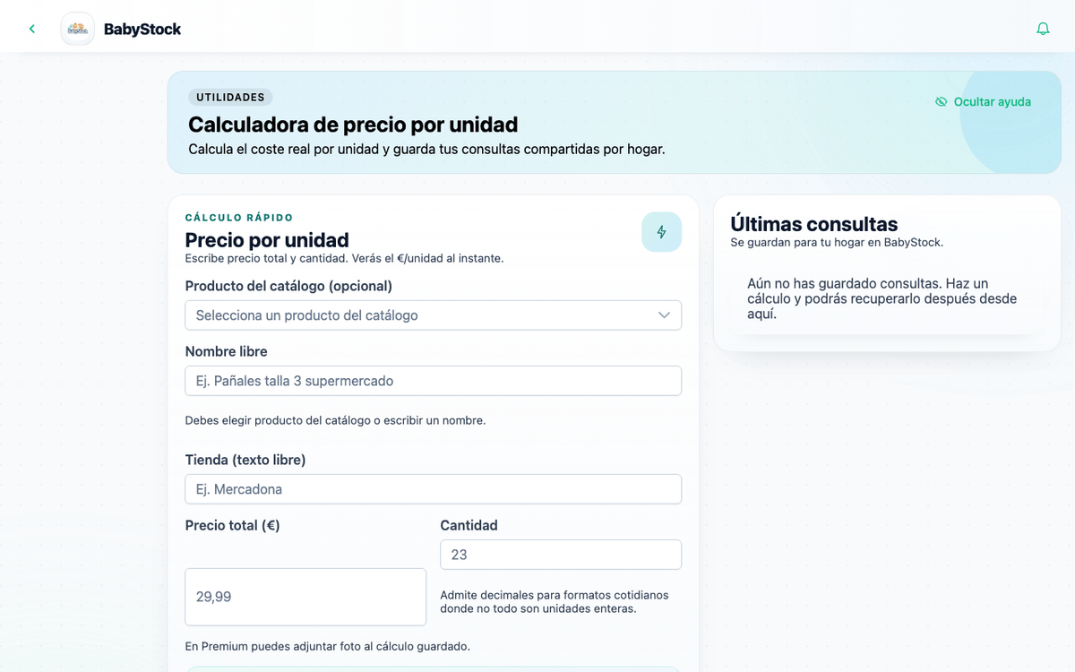 Captura de la calculadora privada de precio por unidad de BabyStock.