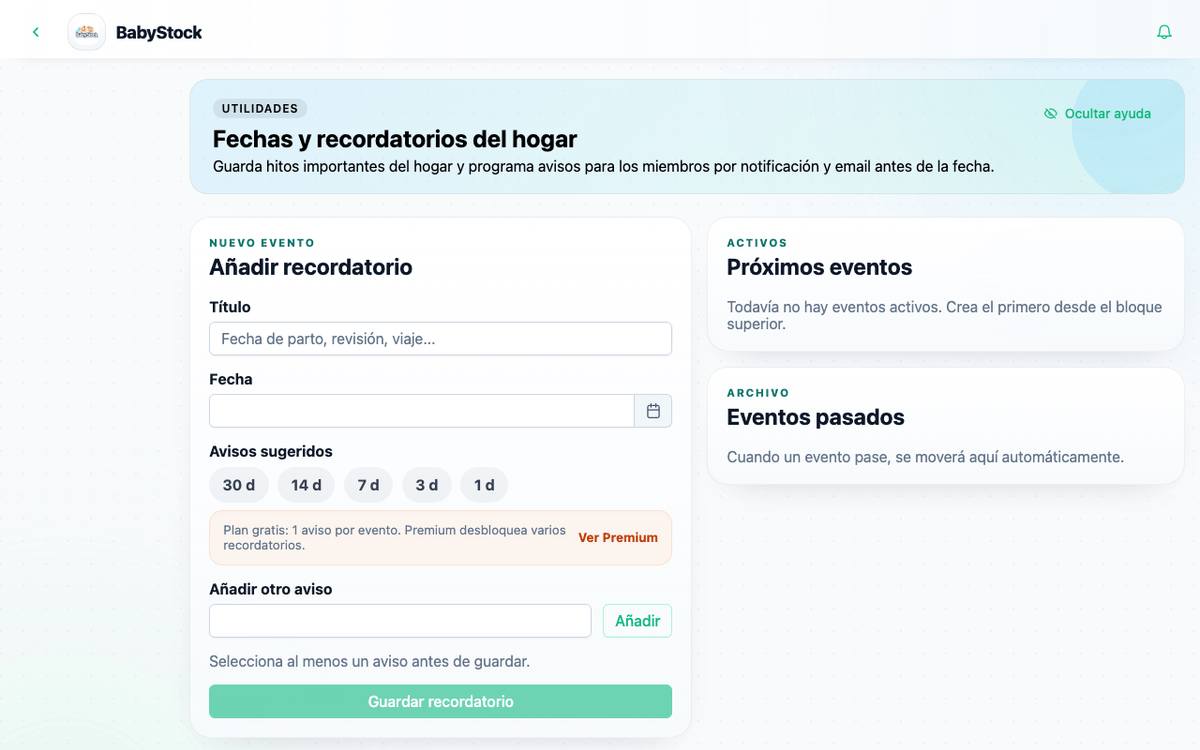 Captura de la utilidad privada de recordatorios del hogar de BabyStock.