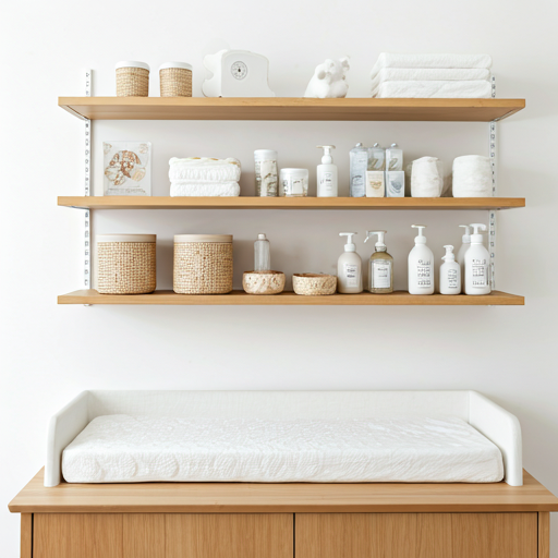 Habitación de bebé con productos organizados en estanterías.